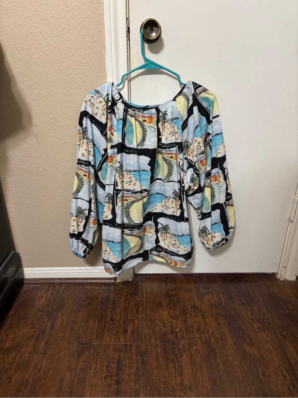 Karen Kane Blue Multi Scenic Square-Print Cotton Peasant Blouse - XL - Picture 5 of 9